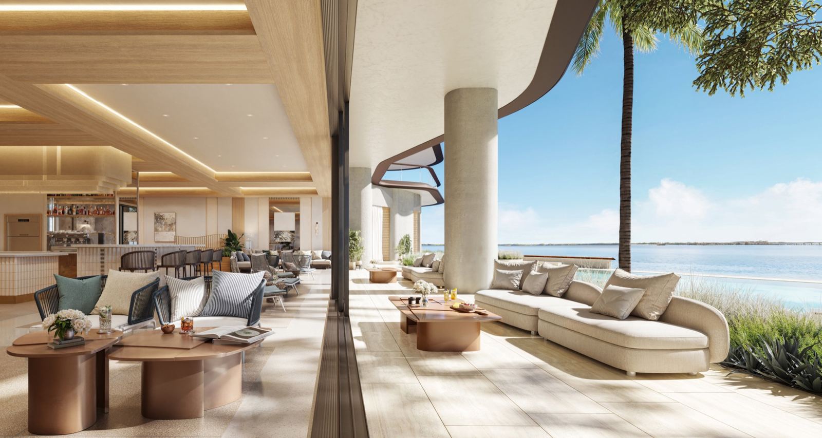 Private dining pavilion with outdoor grill and sunset skyline views at Mandarin Oriental Residences Miami Brickell Key