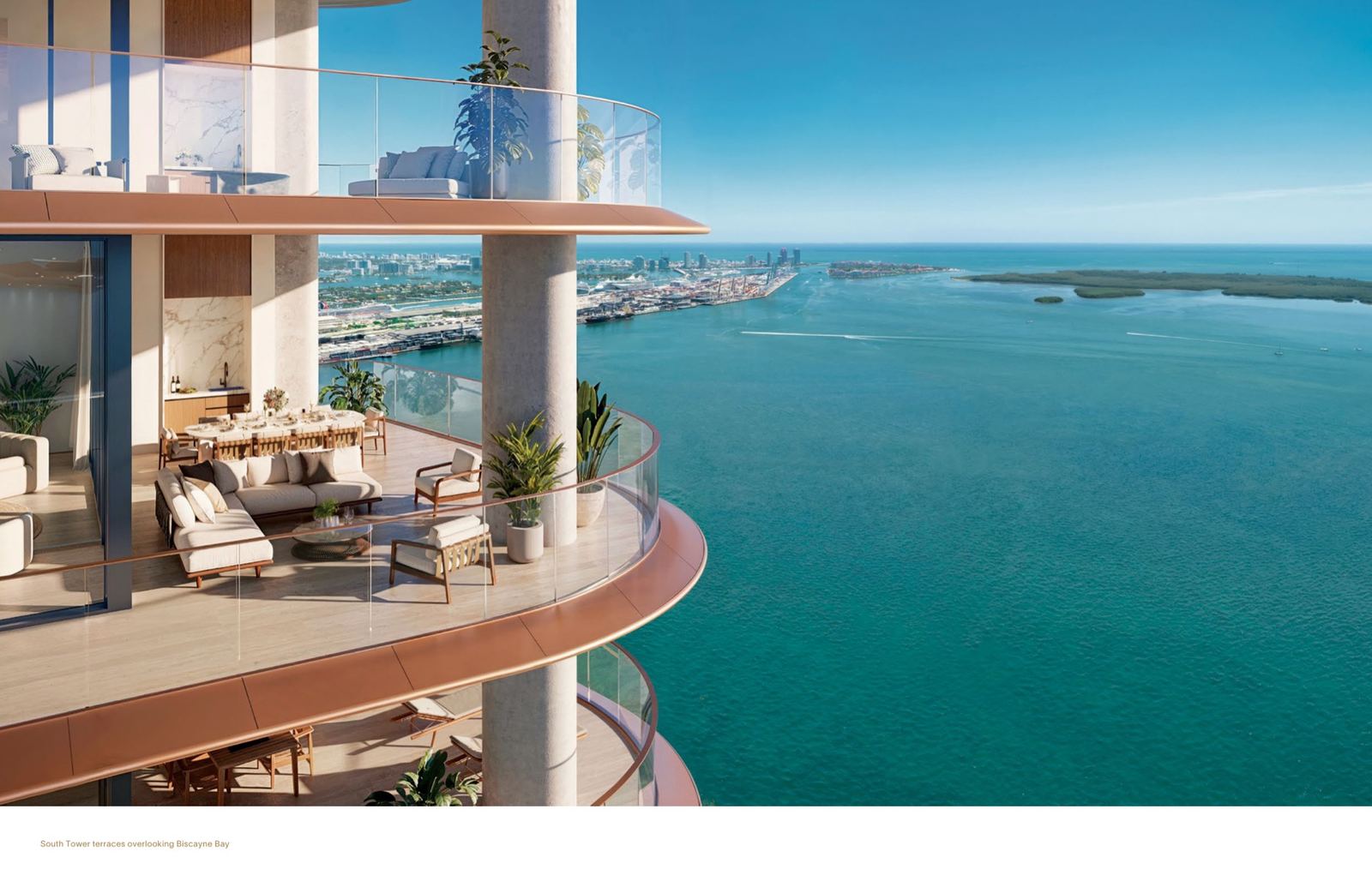 12-foot deep private terrace with outdoor wet bar and panoramic Biscayne Bay views at Mandarin Oriental Miami